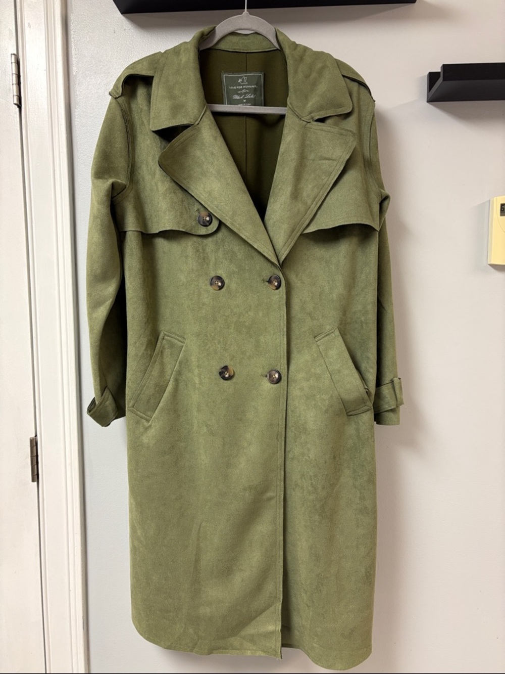 Faux Suede Sage Green Trench Coat Belted Lightweight Sz M - Picture 1 of 7